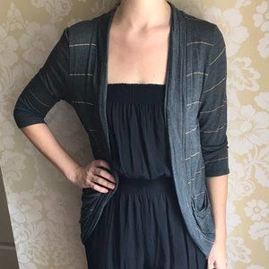 Grey & Gold Striped Lightweight Open Sweater